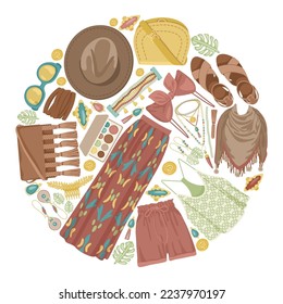 Circular pattern with female clothes vector illustrations set. Collection of cartoon drawings of clothing, accessories and makeup in boho style isolated on white background. Beauty, fashion concept