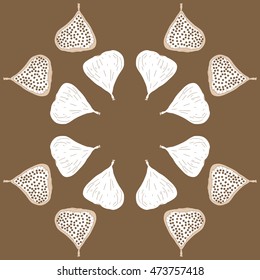 Circular pattern with  figs,ellipses, fruits, harvest, object,  grains, half, copy space . Hand drawn.