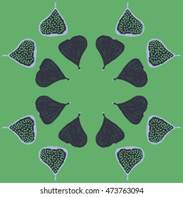 Circular pattern with  figs,ellipses, fruits, harvest, object,  grains, half, copy space . Hand drawn.