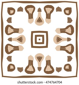 Circular pattern with filament lamps , doodles. Hand drawn.