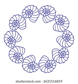 Circular pattern of finely detailed nautilus shells in blue lines on a plain background