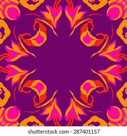 Circular  pattern of  floral garland, leaves, spots, hole,flowers, copy space. Hand drawn.