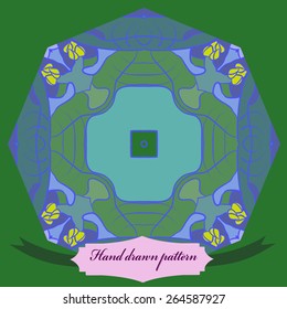 Circular pattern of floral motif, branches, label. Hand drawn.