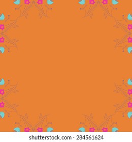 Circular   pattern of  floral motif, branches, bouquets, spots, hole, copy space. Hand drawn.