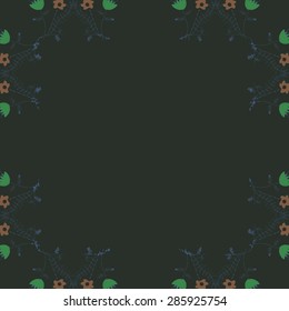 Circular  pattern of  floral motif, branches, bouquets, spots, hole, wave, copy space. Hand drawn.