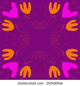 Circular   pattern of floral motif, branches, leaves, hole, flowers, copy space. Hand drawn.