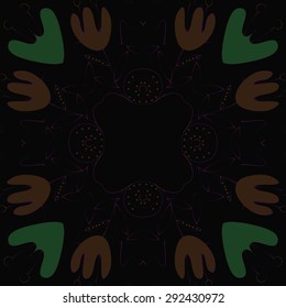 Circular   pattern of floral motif, branches, leaves, hole, flowers, copy space. Hand drawn.