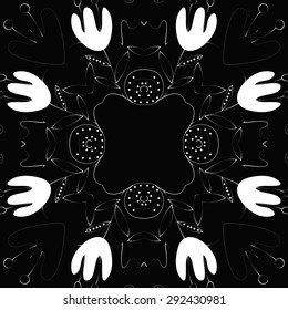 Circular   pattern of floral motif, branches, leaves, hole, flowers, copy space. Hand drawn.