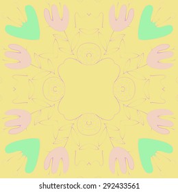 Circular   pattern of floral motif, branches, leaves, hole, flowers, copy space. Hand drawn.