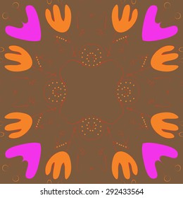 Circular   pattern of floral motif, branches, leaves, hole, flowers, copy space. Hand drawn.