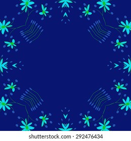 Circular   pattern of floral motif, branches, flowers, ellipses, copy space. Hand drawn.