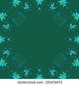 Circular   pattern of floral motif, branches, flowers, ellipses, copy space. Hand drawn.