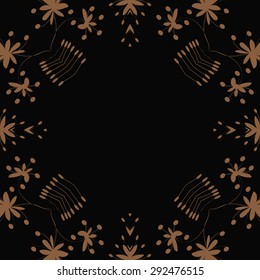 Circular   pattern of floral motif, branches, flowers, ellipses, copy space. Hand drawn.
