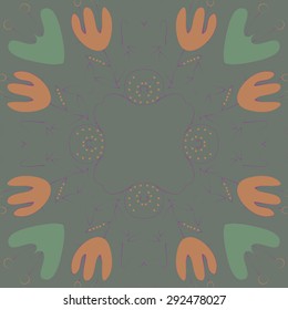 Circular   pattern of floral motif, branches, leaves, hole, flowers, copy space. Hand drawn.