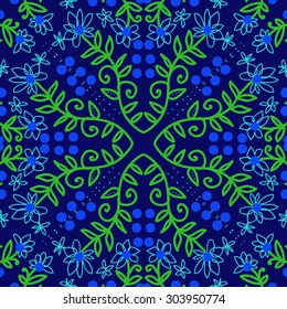 Circular   pattern of floral  motif, branches,  ellipses, flowers, leaves. Hand drawn.