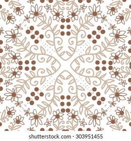 Circular   pattern of floral  motif, branches,  ellipses, flowers, leaves. Hand drawn.
