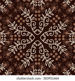 Circular   pattern of floral  motif, branches,  ellipses, flowers, leaves. Hand drawn.
