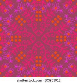 Circular   pattern of floral  motif, branches,  ellipses, flowers, leaves. Hand drawn.
