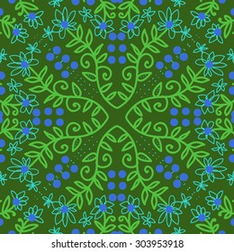 Circular   pattern of floral  motif, branches,  ellipses, flowers, leaves. Hand drawn.