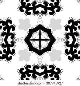 Circular pattern of floral motif, branches, flowers, spirals, cross. Hand drawn.