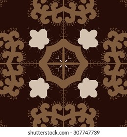 Circular pattern of floral motif, branches, flowers, spirals, cross. Hand drawn.