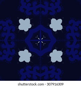 Circular pattern of floral motif, branches, flowers, spirals, cross. Hand drawn.
