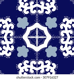 Circular pattern of floral motif, branches, flowers, spirals, cross. Hand drawn.
