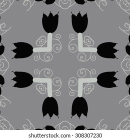 Circular   pattern of floral motif, branches, flowers, spirals, copy space. Hand drawn.