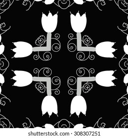 Circular   pattern of floral motif, branches, flowers, spirals, copy space. Hand drawn.