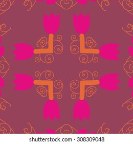 Circular   pattern of floral motif, branches, flowers, spirals, copy space. Hand drawn.