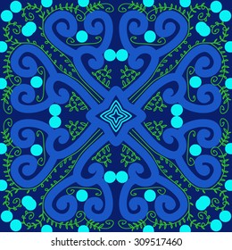 Circular   pattern of floral motif, branches, spirals, stars. Hand drawn.