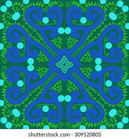 Circular   pattern of floral motif, branches, spirals, stars. Hand drawn.