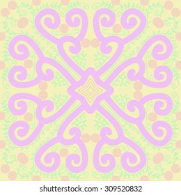 Circular   pattern of floral motif, branches, spirals, stars. Hand drawn.