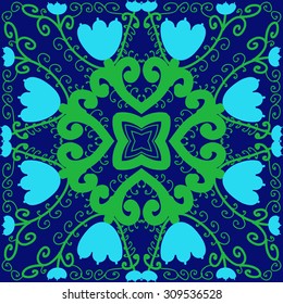 Circular   pattern of floral motif, branches, spirals, stars, tulips. Hand drawn.