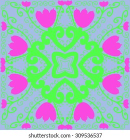 Circular   pattern of floral motif, branches, spirals, stars, tulips. Hand drawn.