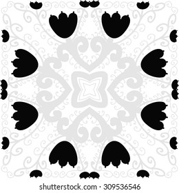 Circular   pattern of floral motif, branches, spirals, stars, tulips. Hand drawn.