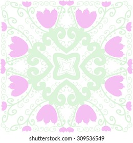 Circular   pattern of floral motif, branches, spirals, stars, tulips. Hand drawn.