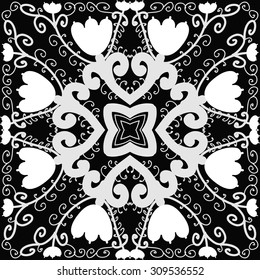 Circular   pattern of floral motif, branches, spirals, stars, tulips. Hand drawn.