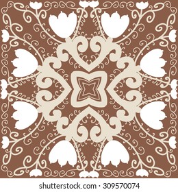 Circular   pattern of floral motif, branches, spirals, stars, tulips. Hand drawn.