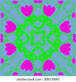 Circular   pattern of floral motif, branches, spirals, stars, tulips. Hand drawn.
