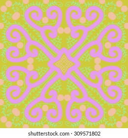 Circular   pattern of floral motif, branches, spirals, stars. Hand drawn.