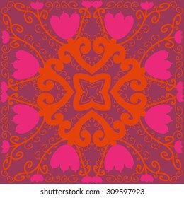 Circular   pattern of floral motif, branches, spirals, stars, tulips. Hand drawn.