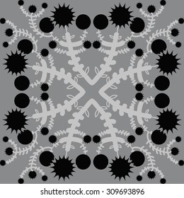 Circular   pattern of floral motif, branches, stars. Hand drawn.