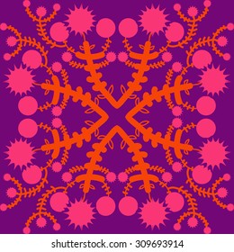 Circular   pattern of floral motif, branches, stars. Hand drawn.