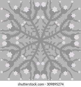 Circular   pattern of floral motif, branches, stars. Hand drawn.
