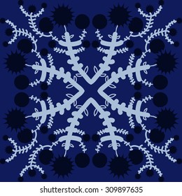 Circular   pattern of floral motif, branches, stars. Hand drawn.
