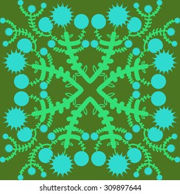 Circular   pattern of floral motif, branches, stars. Hand drawn.