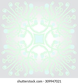 Circular   pattern of floral motif, branches, stars, spirals, fishes. Hand drawn.