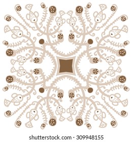 Circular   pattern of floral motif, branches, stars, spirals, fishes. Hand drawn.