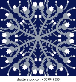 Circular   pattern of floral motif, branches, stars. Hand drawn.